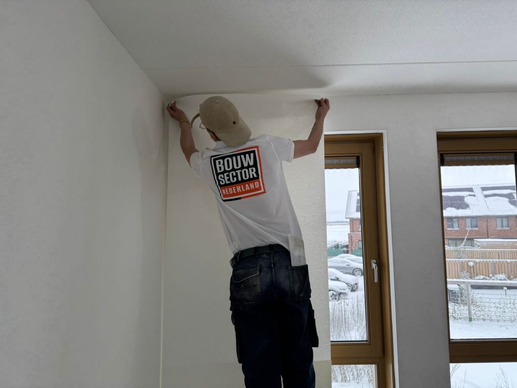 Behanger van Bouwsector Nederland drukt een baan vlies aan tegen het plafond naast houten ramen
